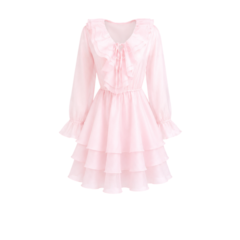 ETEĞİ VOLANLI KISA ELBİSE PEMBE