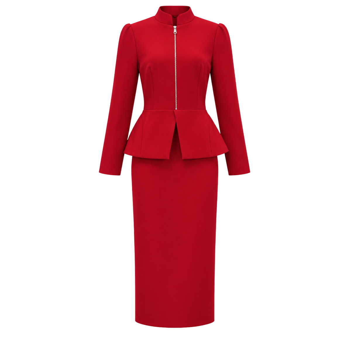 FERMUAR DETAY PEPLUM KALEM ELBİSE KIRMIZI