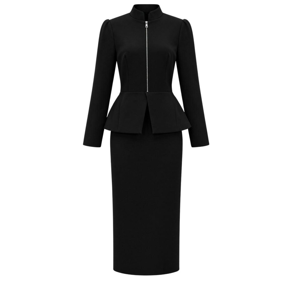FERMUAR DETAY PEPLUM KALEM ELBİSE SİYAH