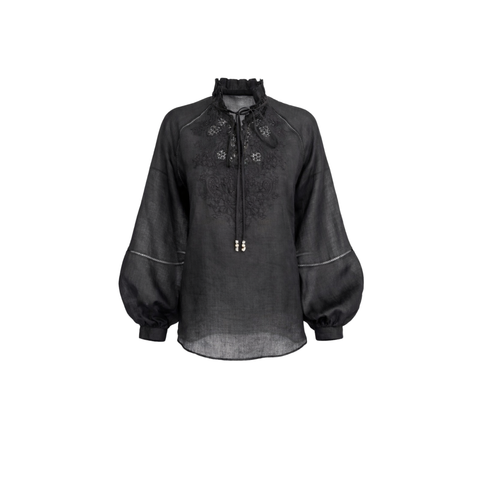 NAKIŞ DETAY %100 RAMİ BLUZ SİYAH