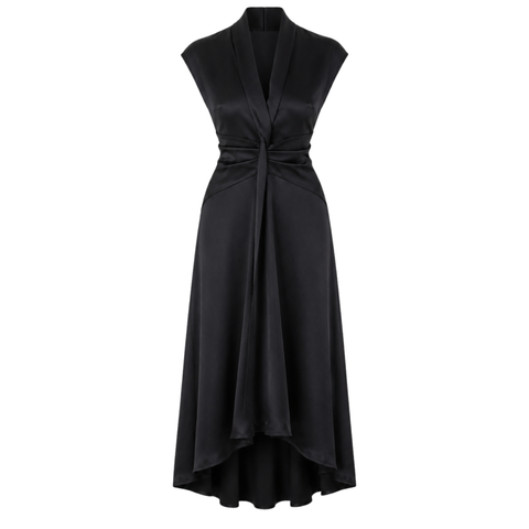 V YAKA %100 RAYON SATEN IŞILTILI ELBİSE SİYAH