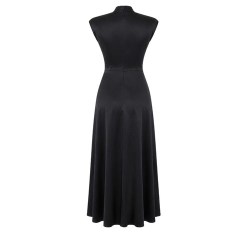 V YAKA %100 RAYON SATEN IŞILTILI ELBİSE SİYAH