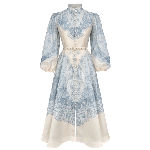 ŞAL DESEN KEMER DETAY ELBİSE MAVİ