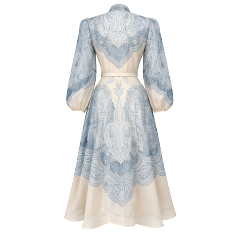 ŞAL DESEN KEMER DETAY ELBİSE MAVİ