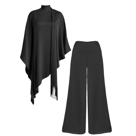 DİK YAKA ŞAL DETAY SATEN TAKIM SİYAH