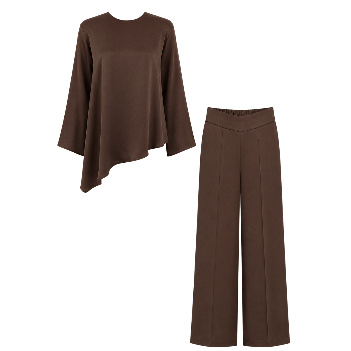 ASİMETRİK KESİM %100 RAYON SATEN IŞILTILI TAKIM KAHVE