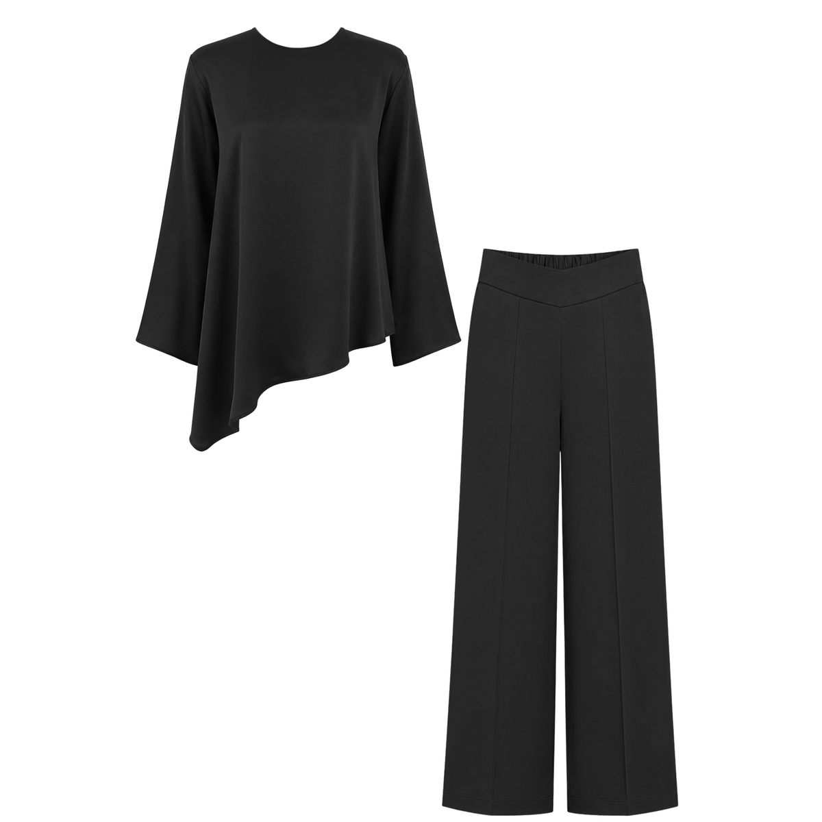 ASİMETRİK KESİM %100 RAYON SATEN IŞILTILI TAKIM SİYAH