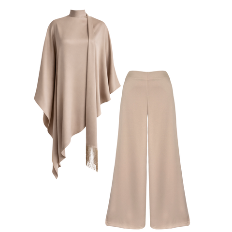 DİK YAKA ŞAL DETAY SATEN TAKIM BEJ