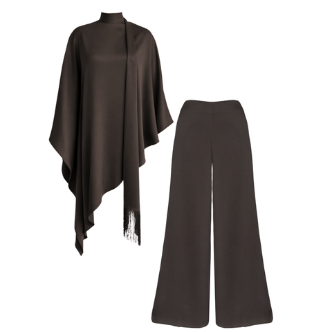 DİK YAKA ŞAL DETAY SATEN TAKIM KAHVE