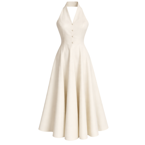 ASİMETRİK YAKA SIRT DEKOLTELİ COTTON ELBİSE EKRU