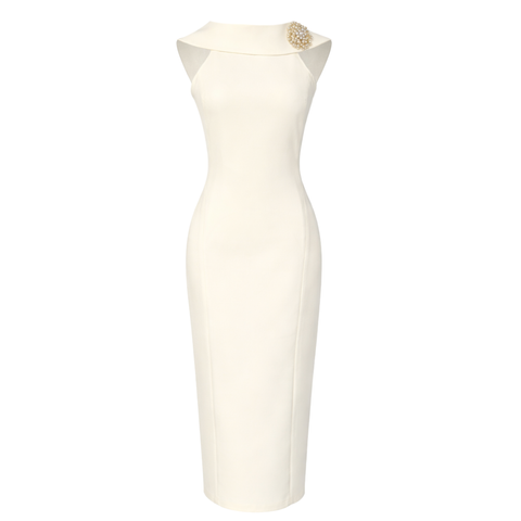 SIRT DEKOLTELİ MİDİ BOY KALEM ELBİSE EKRU