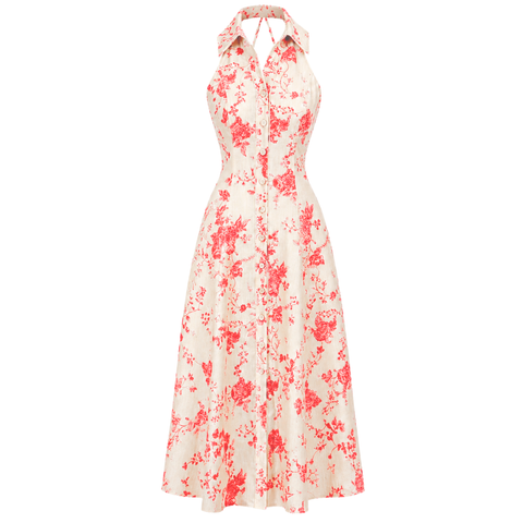 SIRT DETAY FLORAL DESEN ELBİSE MERCAN