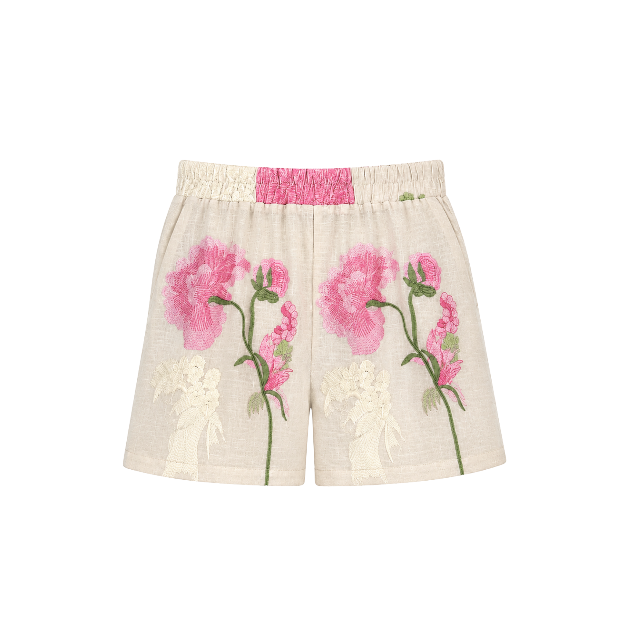FLORAL NAKIŞ DETAY GÖMLEK VE ŞORT TAKIM BEJ