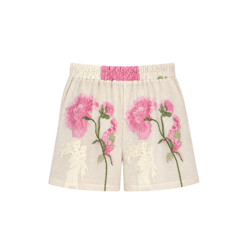 FLORAL NAKIŞ DETAY GÖMLEK VE ŞORT TAKIM BEJ