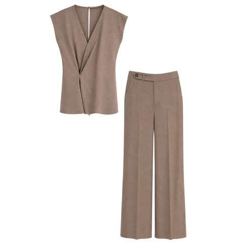 V YAKA BLUZ VE PANTOLON TAKIM VİZON