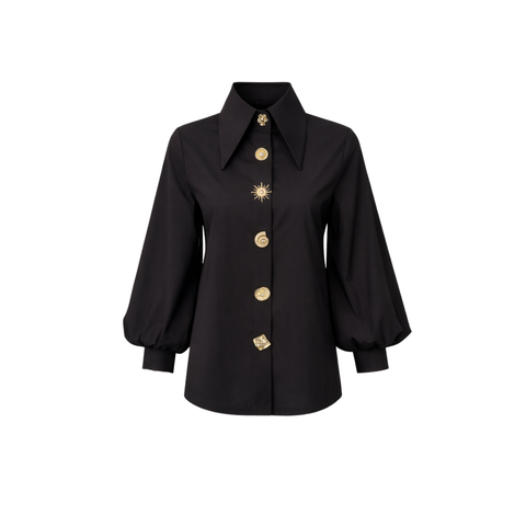 TASARIM DÜĞMELİ BALON KOL COTTON GÖMLEK SİYAH