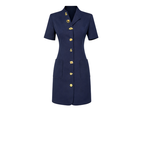 TASARIM DÜĞMELİ YAKA DETAY KISA ELBİSE LACİVERT