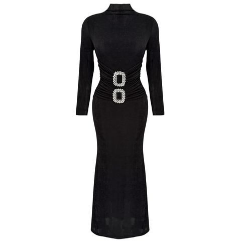 TAŞ BASKILI BELİ ÇİFT TOKA DETAY MAKSİ  ELBİSE SİYAH