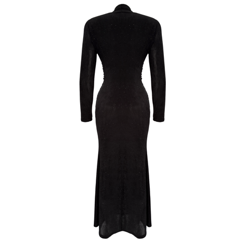 TAŞ BASKILI BELİ ÇİFT TOKA DETAY MAKSİ  ELBİSE SİYAH