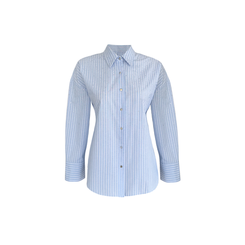 TAŞ BASKILI ÇİZGİLİ COTTON GÖMLEK MAVİ