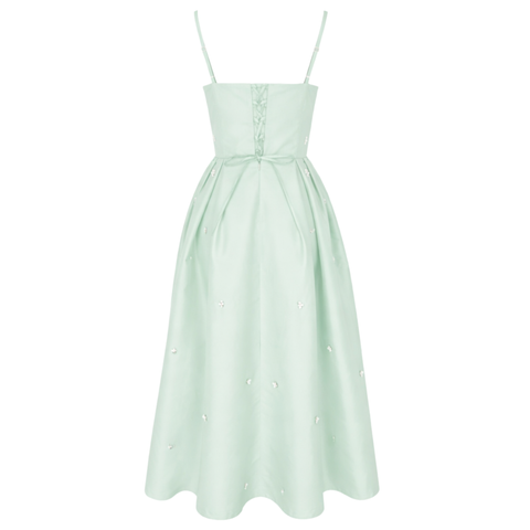 TAŞ İŞLEMELİ ARKASI KORSELİ TAFTA ELBİSE MİNT