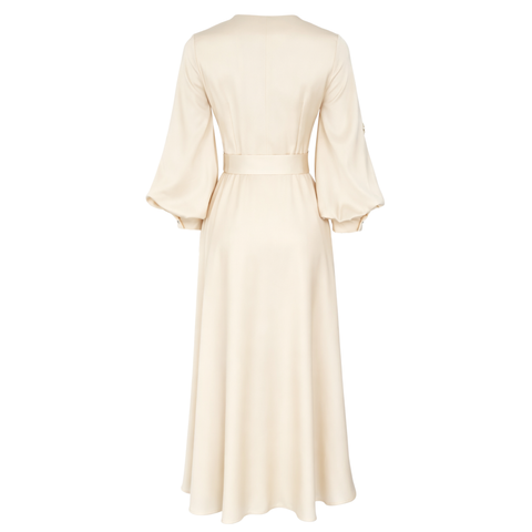 TAŞ İŞLEMELİ BELİ KUŞAK DETAY ELBİSE KREM