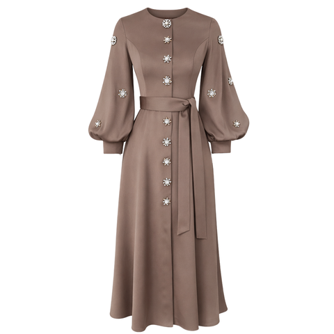 TAŞ İŞLEMELİ BELİ KUŞAK DETAY ELBİSE VİZON