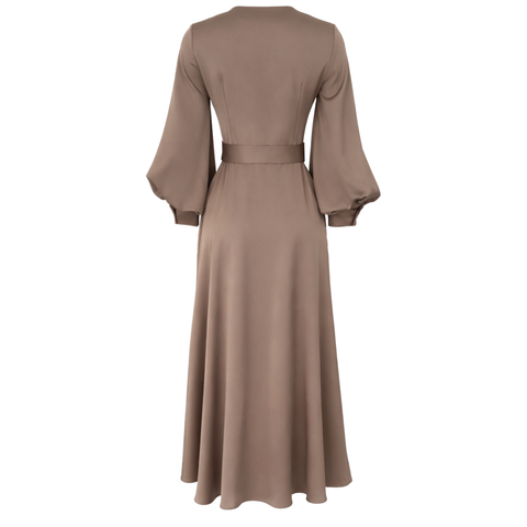 TAŞ İŞLEMELİ BELİ KUŞAK DETAY ELBİSE VİZON