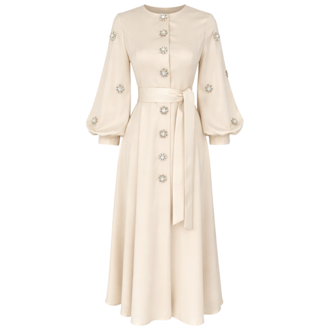 TAŞ İŞLEMELİ BELİ KUŞAK DETAY ELBİSE KREM