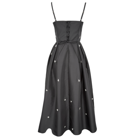 TAŞ İŞLEMELİ ARKASI KORSELİ TAFTA ELBİSE SİYAH