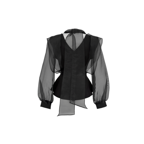 ORGANZE TÜL BALON KOL VOLANLI BLUZ SİYAH