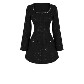 UZUN KOL YAKASI İŞLEME DETAY TÜVİT ELBİSE SİYAH