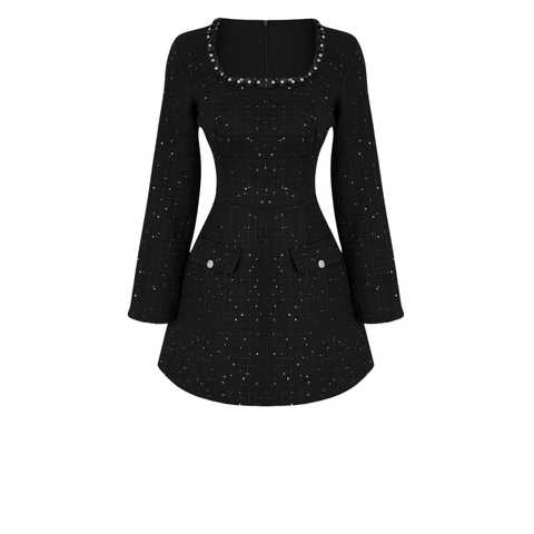 UZUN KOL YAKASI İŞLEME DETAY TÜVİT ELBİSE SİYAH