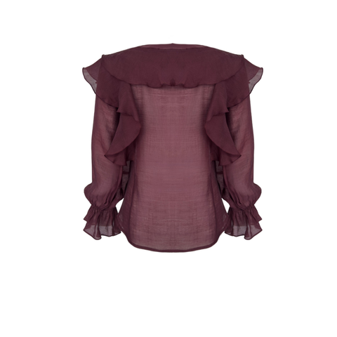 VOLANLI V YAKA YARI TRANSPARAN BLUZ BORDO