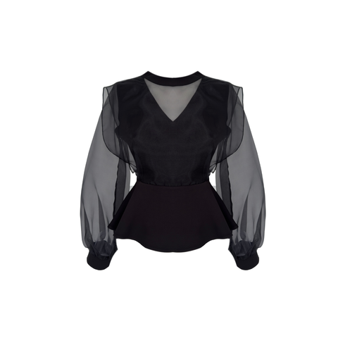 ORGANZE TÜL BALON KOL VOLANLI BLUZ SİYAH