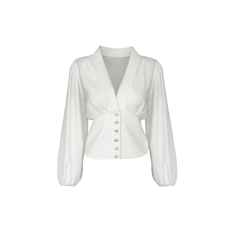 V YAKA DÜĞME DETAY BLUZ EKRU