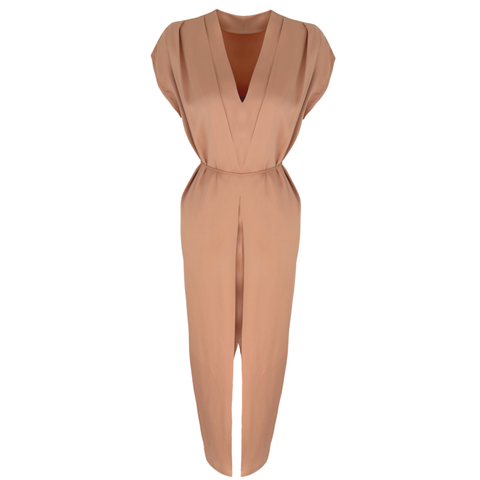 V YAKA ÖNDEN YIRTMAÇ DETAY SATEN ELBİSE SOMON