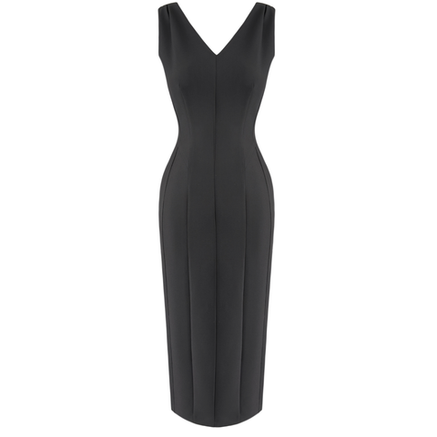 V YAKA MİDİ BOY KALEM ELBİSE SİYAH