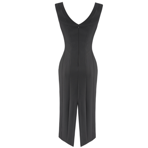 V YAKA MİDİ BOY KALEM ELBİSE SİYAH