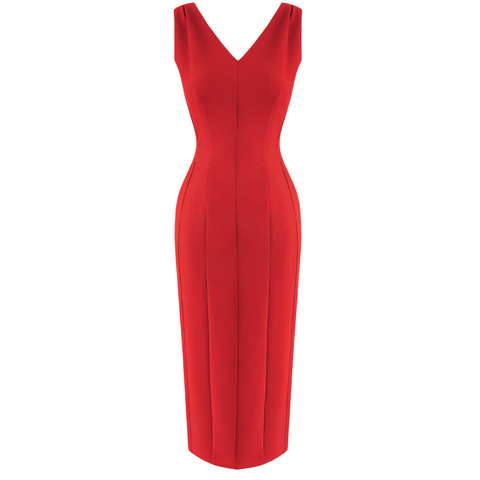 V YAKA MİDİ BOY KALEM ELBİSE KIRMIZI