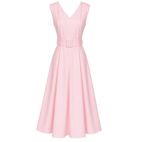 V YAKA KLOŞ MODEL COTTON ELBİSE PEMBE