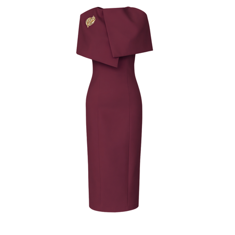 YAKA DETAY BROŞLU KALEM ELBİSE BORDO