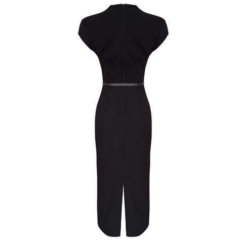 YAKA DETAY KEMERLİ KALEM ELBİSE SİYAH