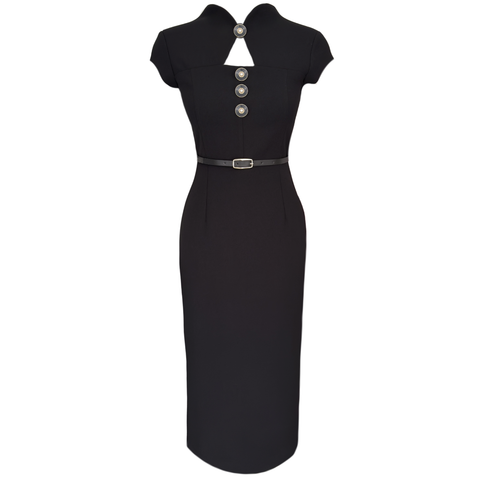 YAKA DETAY KEMERLİ KALEM ELBİSE SİYAH