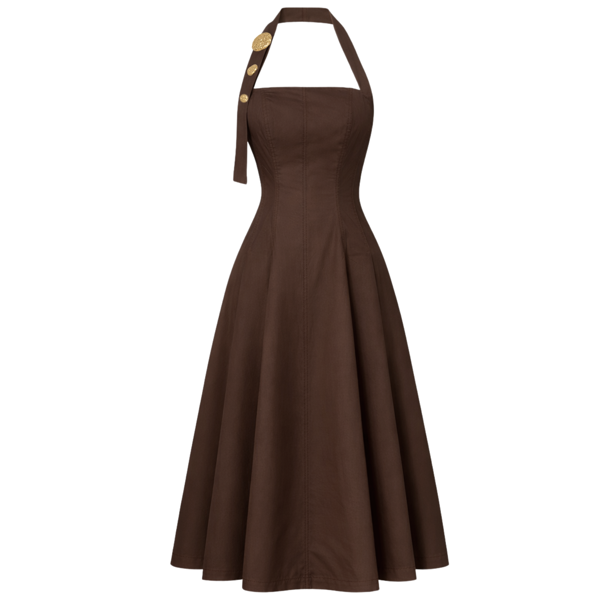 YAKASI AKSESUARLI KLOŞ MODEL COTTON ELBİSE KAHVE