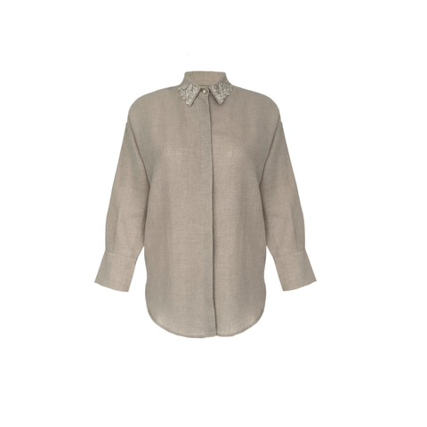 YAKASI İŞLEME DETAY %100 KETEN GÖMLEK BEJ