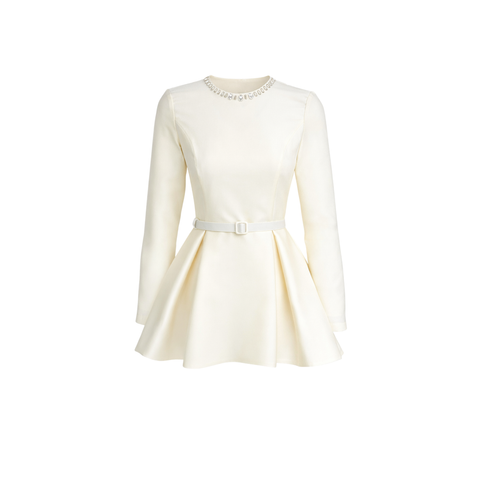 YAKASI TAŞ İŞLEMELİ KEMER DETAY SATEN TAKIM EKRU