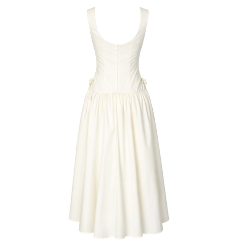 YAKASI TAŞ İŞLEMELİ FİYONK DETAY TAFTA ELBİSE EKRU