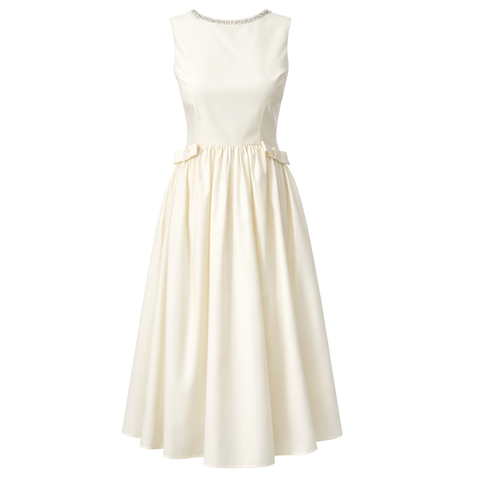 YAKASI TAŞ İŞLEMELİ FİYONK DETAY TAFTA ELBİSE EKRU