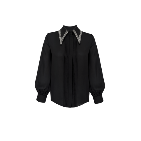 YAKASI TAŞ İŞLEMELİ NERVÜRLÜ GÖMLEK SİYAH